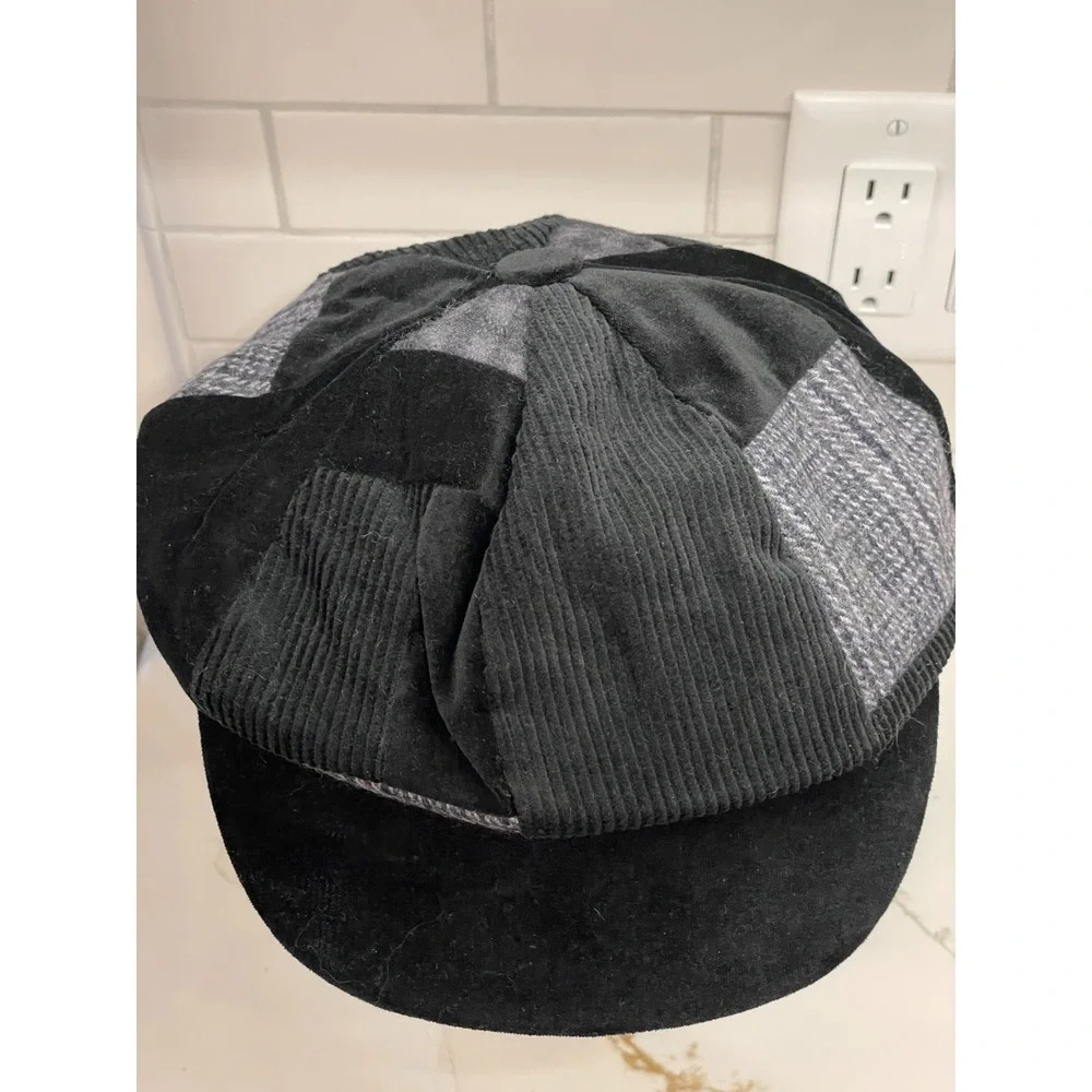 Vintage Y2K Patchwork Newsboy Hat Cap Women Corduroy Tweed Black Wool Cotton New
